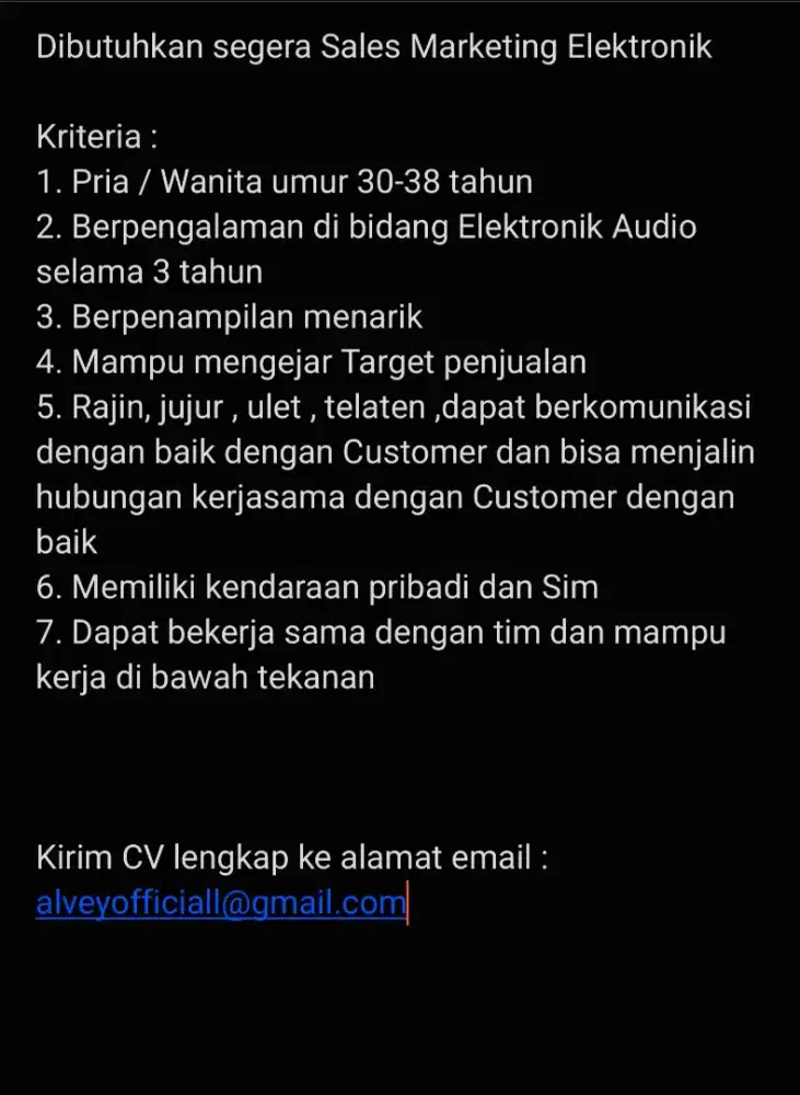 Dibutuhkan Sales Marketing Elektronik Audio