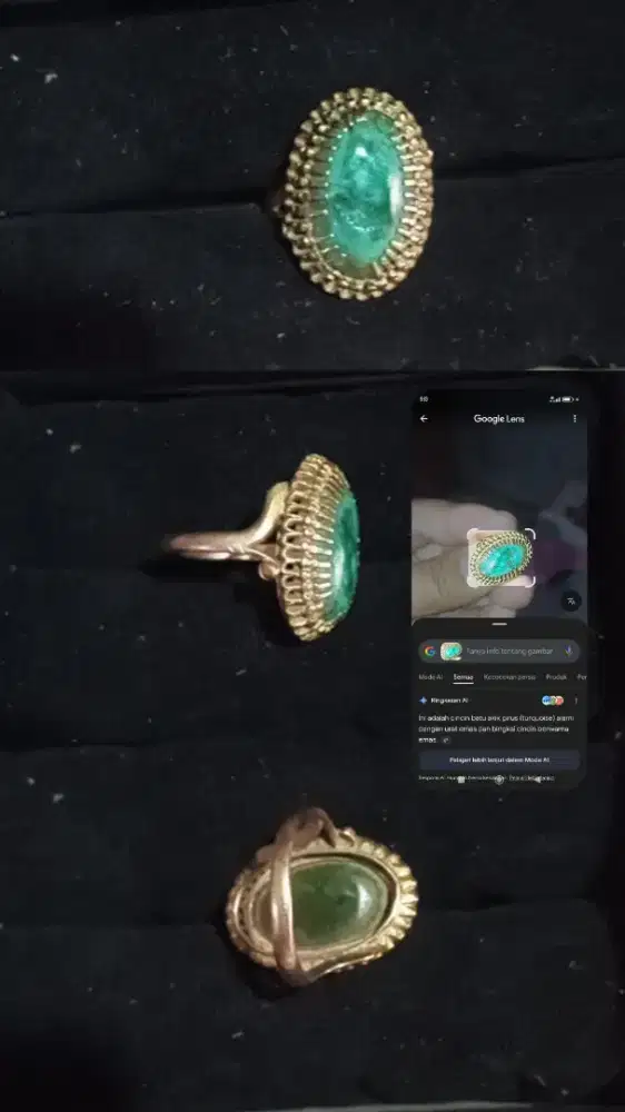 Cincin batu akik pirus (turquoise) alami dengan urat emas