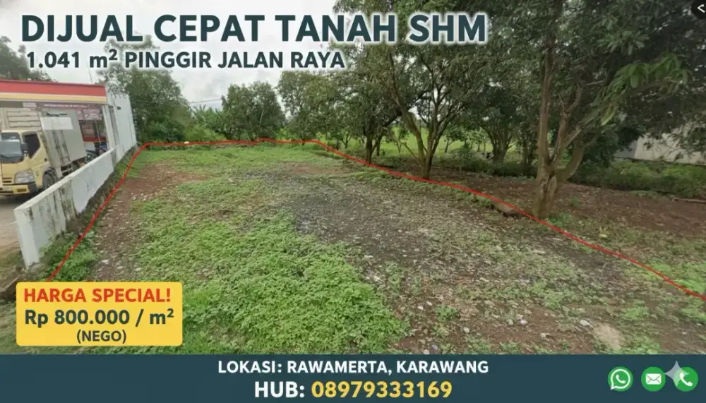 Di Jual Tanah Darat luas tanah 1041 m²  Pinggir Jln Raya Rawamerta