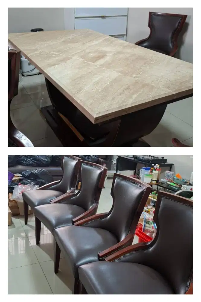 Meja makan Marmer dan Kursi Kayu Kulit 5 pcs.