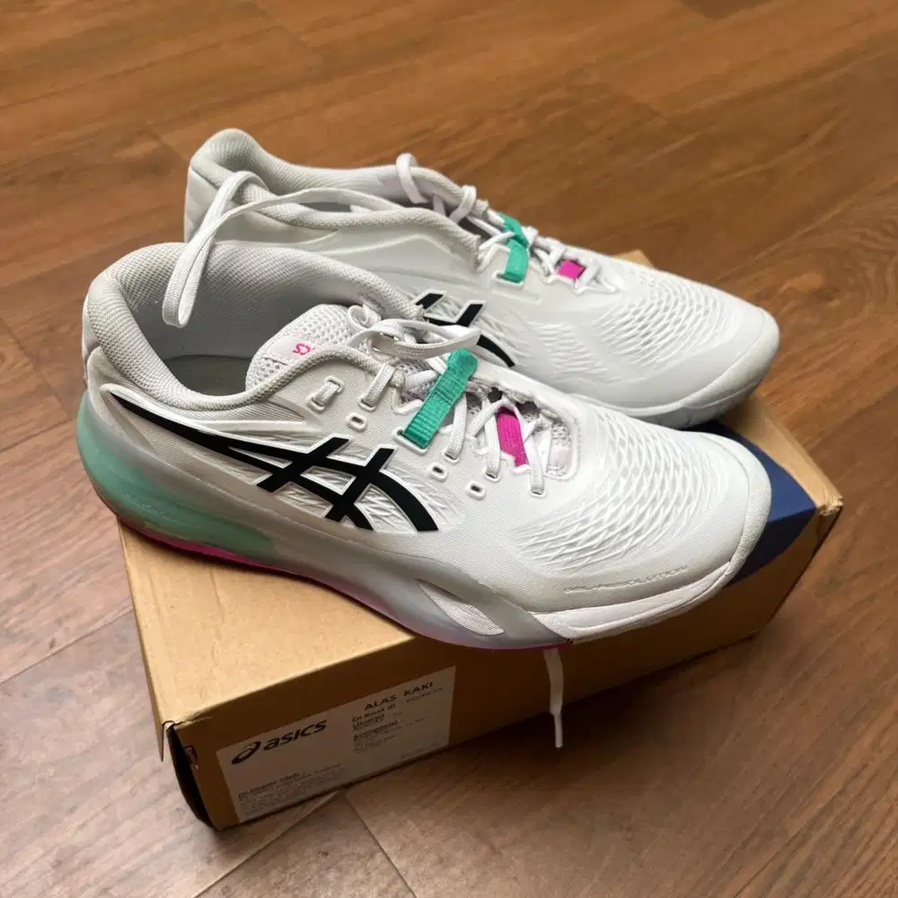 Sepatu Tenis Asics Gel Resolution X white aurora green size 40.5