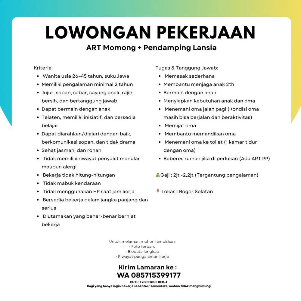 LOWONGAN ART MOMONG + PENDAMPING LANSIA