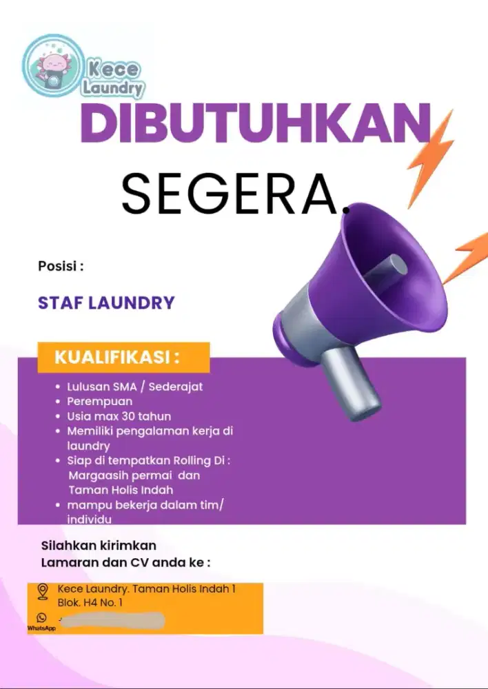 Di butuhkan segera Karyawan Laundry