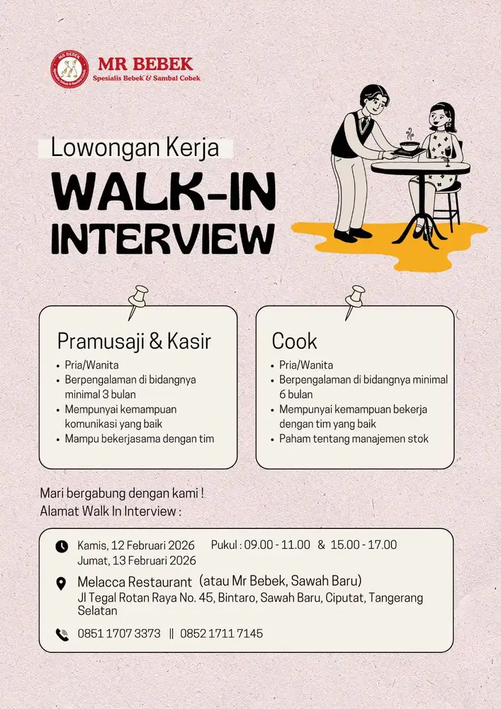 Loker Kitchen Staff & Waiter/Waitress – Penempatan Bintaro