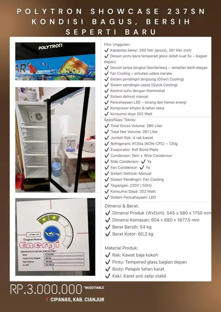 KULKAS SHOWCASE POLYTRON 237 SN