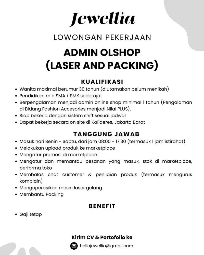 KHUSUS UNTUK PEREMPUAN DIBUKA LOKER ADMIN OLSHOP ONSITE KALIDERES