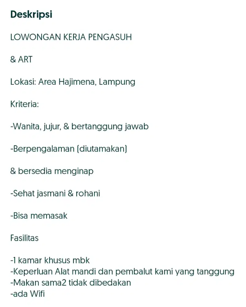 Lowongan kerja Pengasuh dan ART