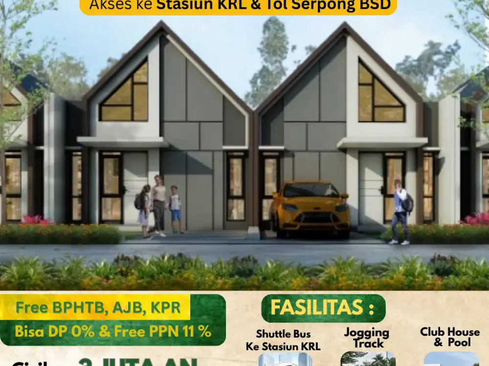 Rumah tinggi 5 meter cicilan 3 juta an di dalam kawasan hijau 210 hektar dekat tol & stasiun KRL serpong BSD