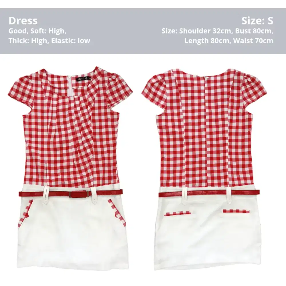 Dress Mini Kotak Merah Putih Size S – Cute Casual Korean Style + Belt