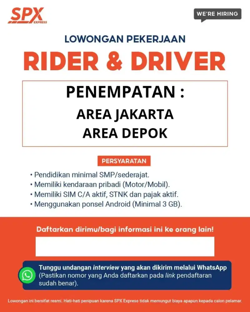 SEGERA DI BUTUHKAN KURIR MOTOR SHOPEE EXPRESS