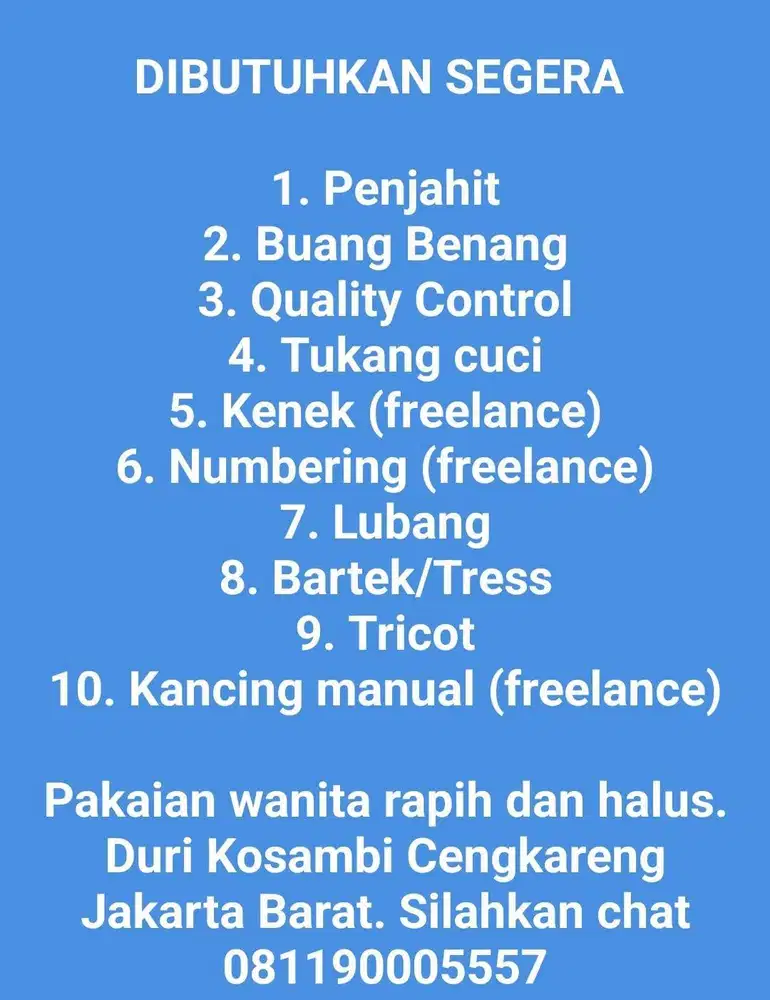 Lowongan Kerja Jahit, Qualitu Control, Buang Benang, Kenek