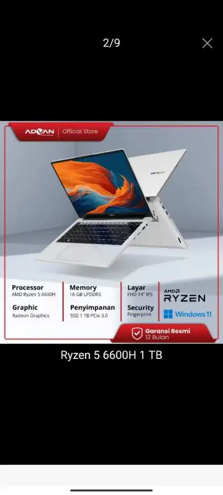 ADVAN Laptop Workplus AMD Ryzen 5 6600H 14'' FHD IPS 1 TB