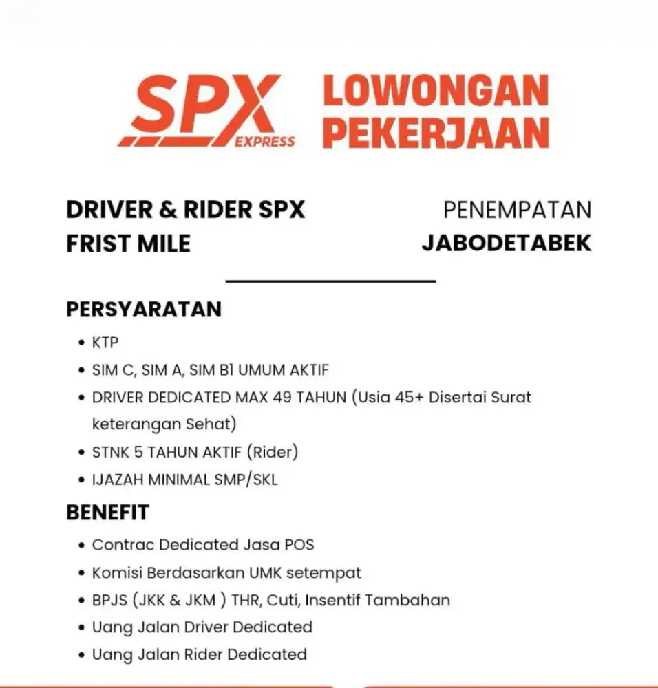 LOKER DRIVER DAN RIDER FIRS MILE SPX