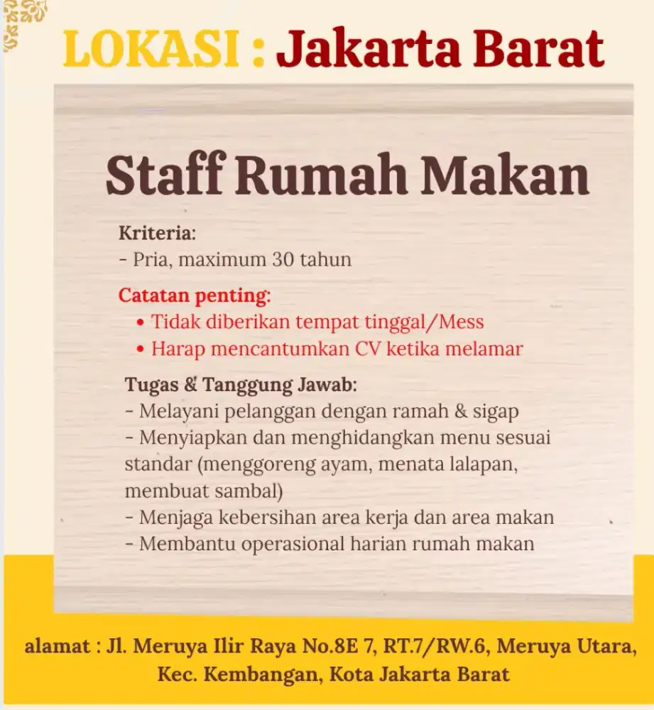 LOWONGAN PEKERJAAN : Staff rumah makan
