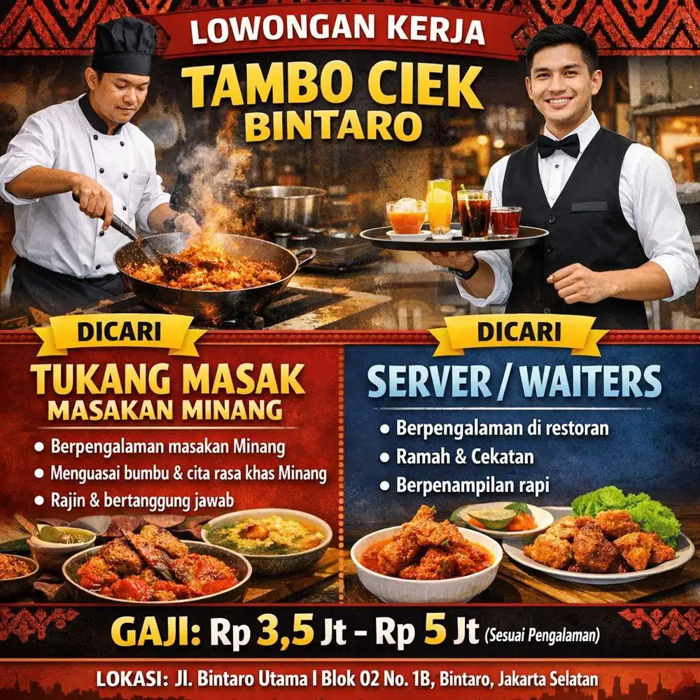 Dicari Tukang Masak dan Server Berpengalaman