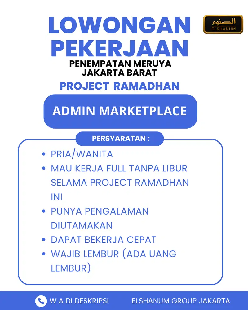 LOWONGAN ADMIN MARKETPLACE (UNTUK PROJECT RAMADHAN)  JAKARTA BARAT