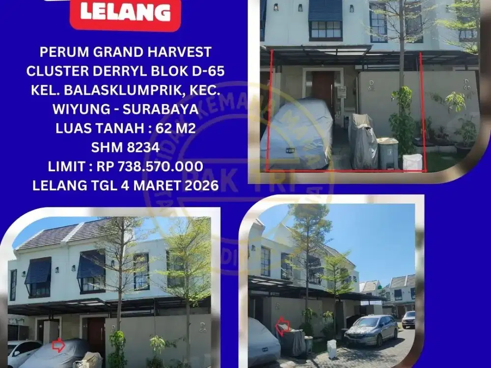JUAL RUMAH LELANG BANK DI SURABAYA (GRAND HARVEST CLUSTER DERRYL - WIYUNG) : LELANG KPKNL