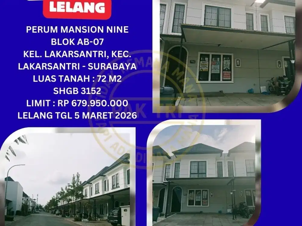 JUAL RUMAH LELANG BANK DI SURABAYA (MANSION NINE - LAKARSANTRI) : LELANG KPKNL