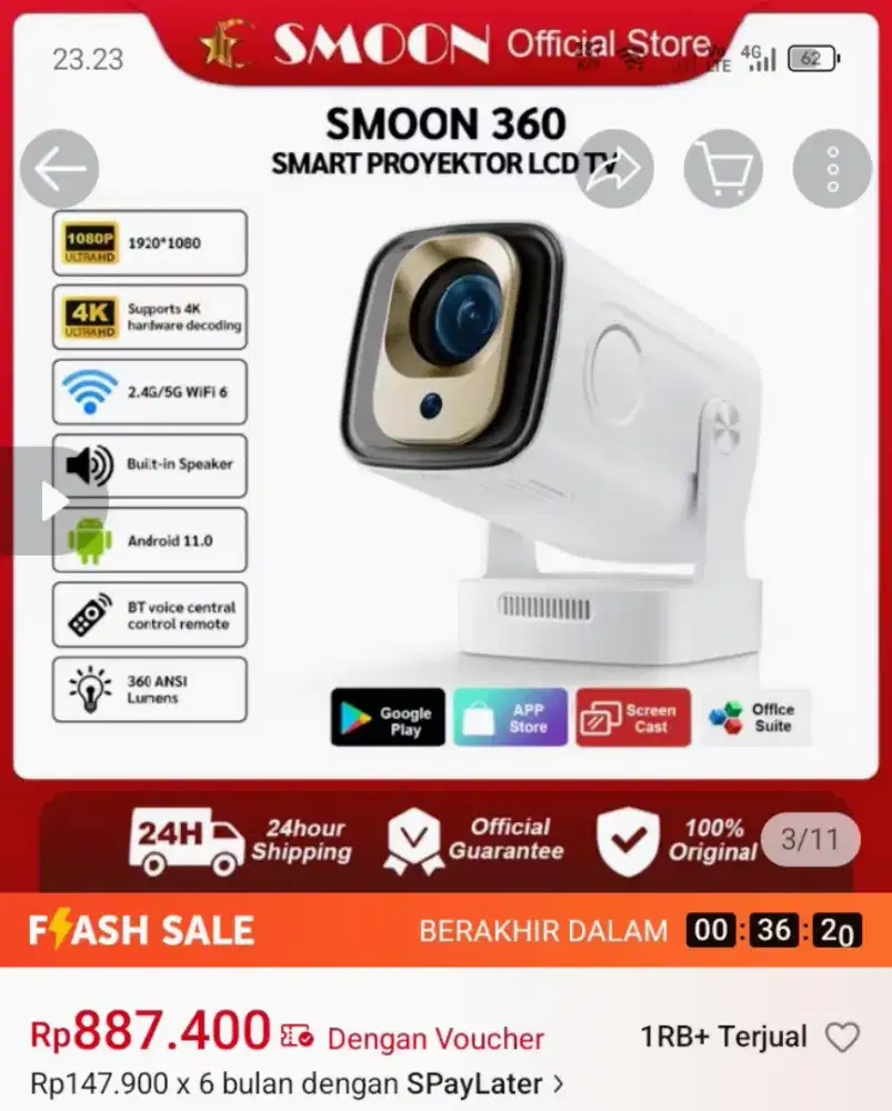 Proyektor Smoon 360 New Android google voice Remote Fullset Nett