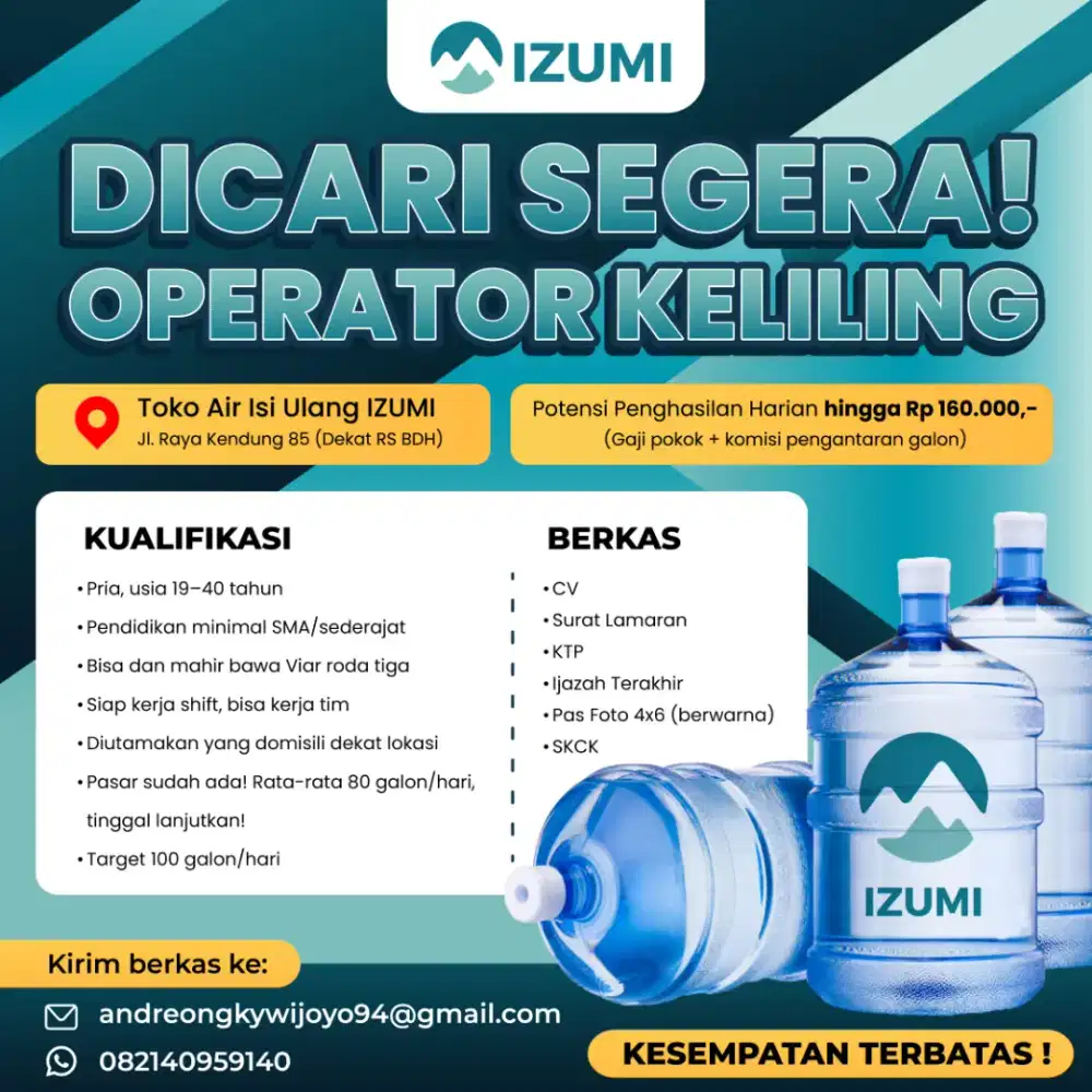 Dicari Operator keliling air isi ulang