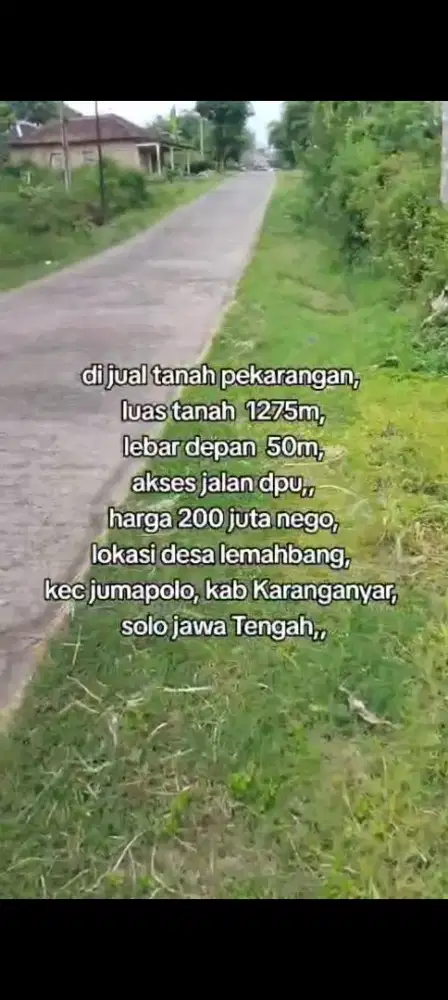 Jual tanah lokasi Jumapolo kyr luas 1275m hrg 200jt nego