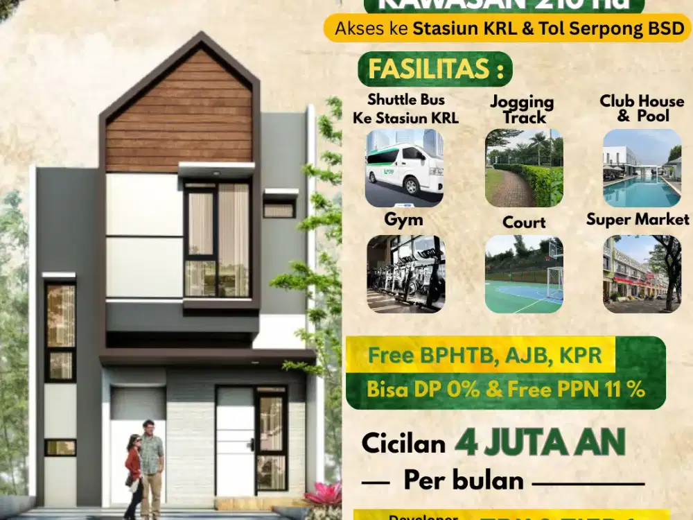 Rumah dekat tol & stasiun KRL serpong BSD 2 lantai cicilan 4 jutaan high ceiling di dalam kawasan hijau 210 hektar