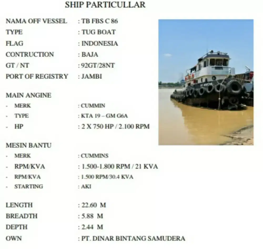 Jual Cepat Tug Boat + tongkang 210 feet Thn 2018