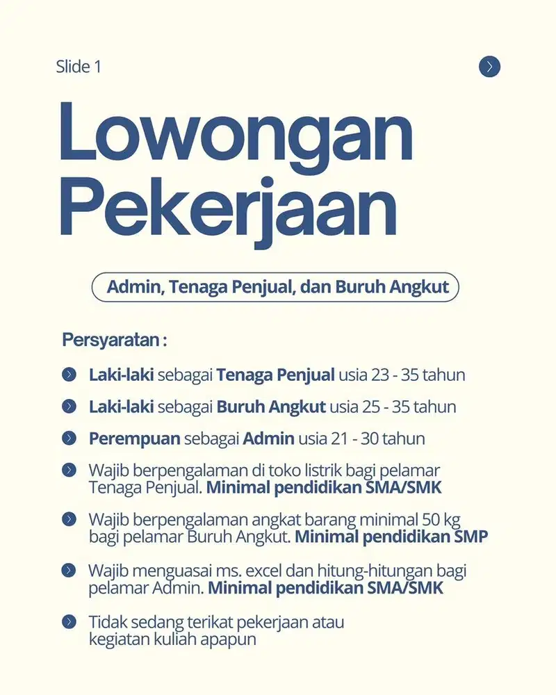 LOWONGAN PEKERJAAN ADMIN, TENAGA PENJUAL, dan BURUH ANGKUT