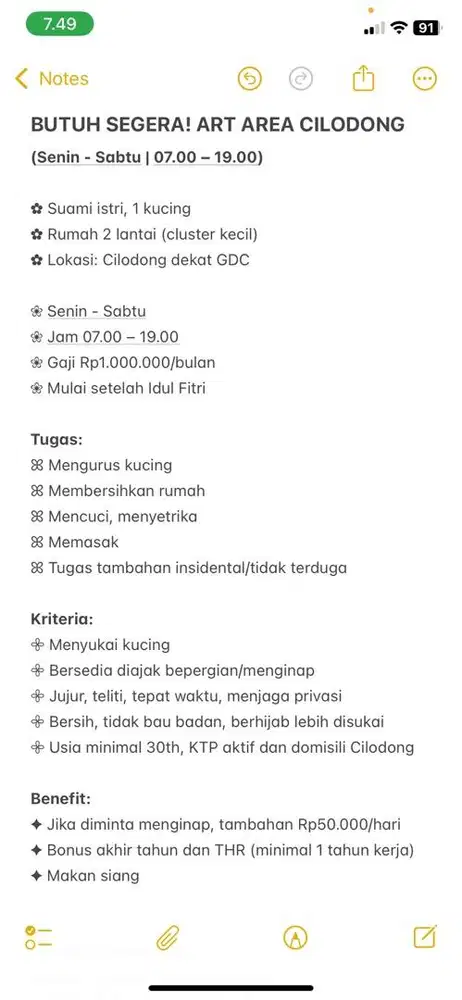 BUTUH SEGERA! ART AREA CILODONG (Senin - Sabtu | 07.00 – 19.00)