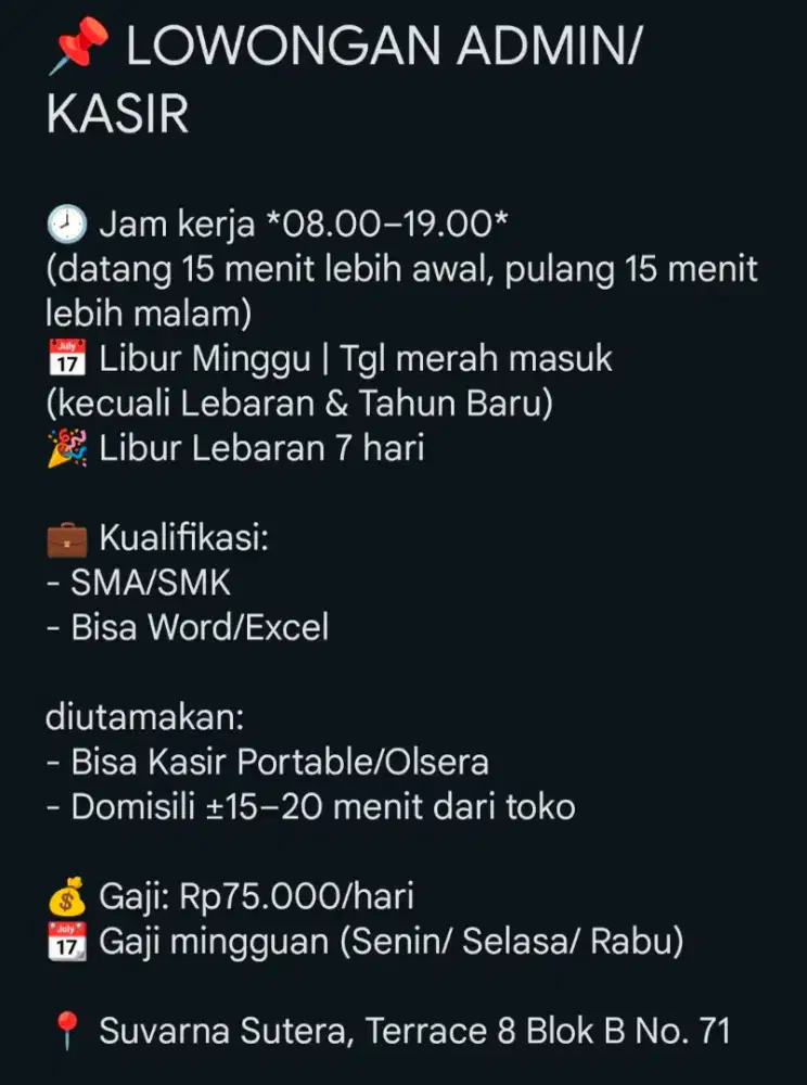 Lowongan ADMIN / KASIR