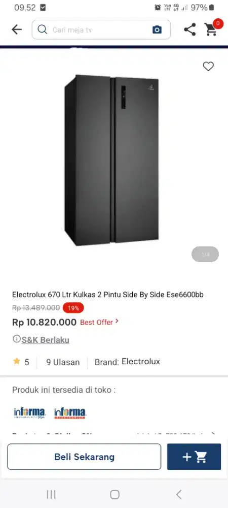 PROMO KREDIT ELECTROLUX 670 LTR KULKAS 4 PINTU SBS