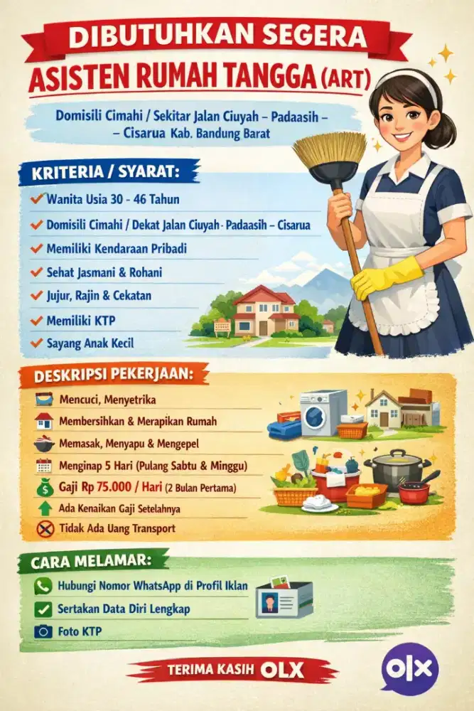 Dicari asisten rumah tangga menginap domisili kota cimahi sekitarnya