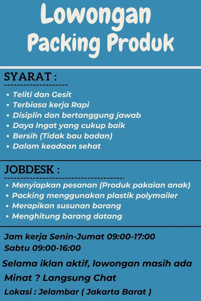 Lowongan bagian Packing Pesanan Produk Pakaian