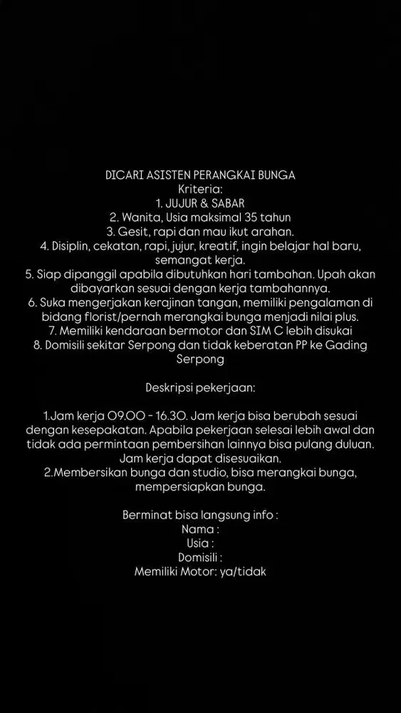 DICARI( 5 HARI KERJA)ASISTEN PACKING BARANG/BUNGA