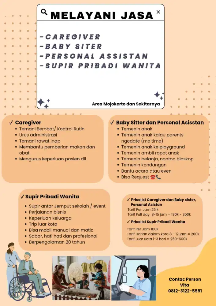 Jasa caregiver, babysiter dan supir pribadi wanita