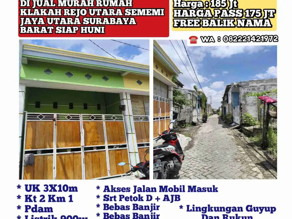 Di Jual Murah Rumah Klakah Rejo Utara Sememi Utara Surabaya Barat Free Biayah Balik Nama