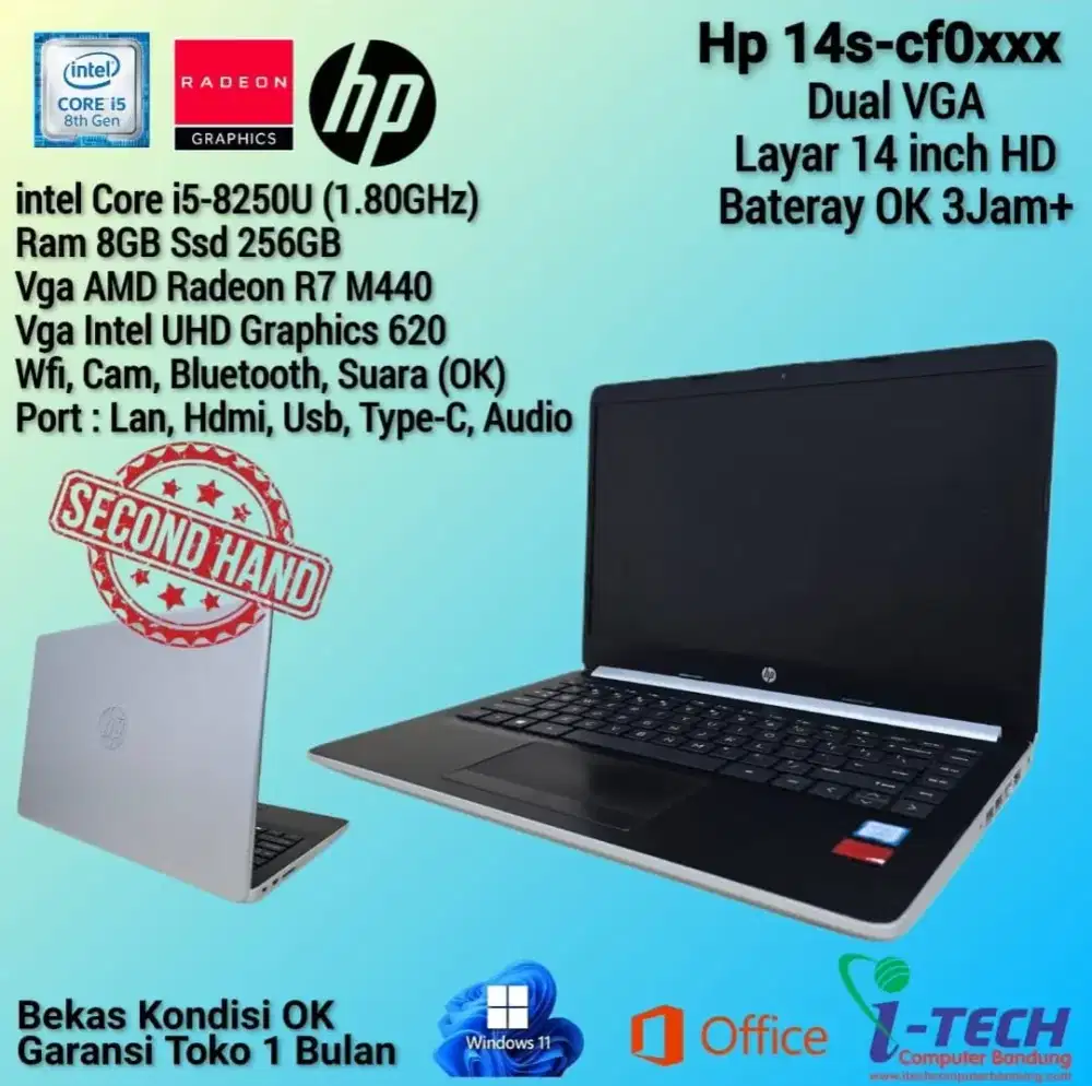 Laptop HP 14s-Cf0xxx i5 Gen8 Ram 8GB SSD 256Gb Layar 14 HD Murah