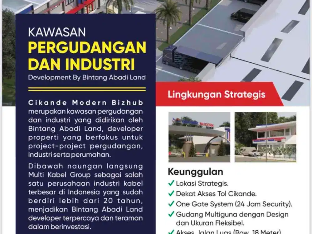Jual Cikande Modern Bizhub Gudang Baru kawasan pergudangan Cikande PMA
Jual Gudang industri Jual Gudang
“CIKANDE MODERN BIZHUB”