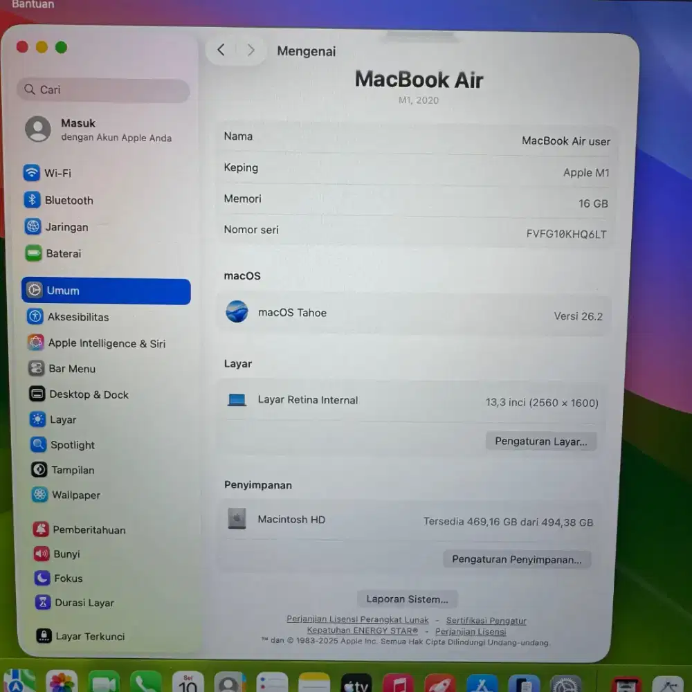 Macbook Air M1 Ram 16 Ssd 512 Layar 13 inch Full set Space grey