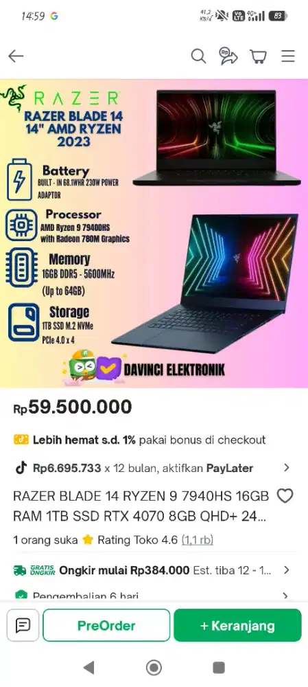 Razer Blade 14 Rtx 4070 seperti baru