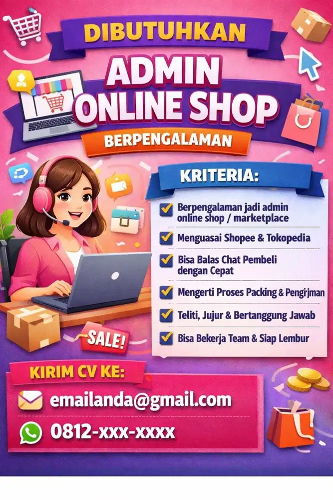 Di Butuhkan Admin Online Shop Marketplace shop3e l4z4d4 t0kt0k