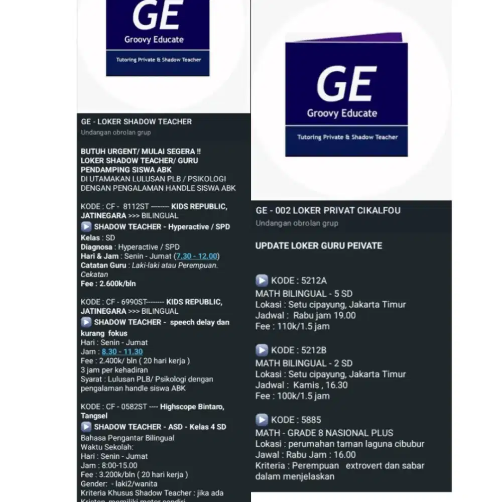 LOWONGAN KERJA GURU DAN GURU PRIVATE