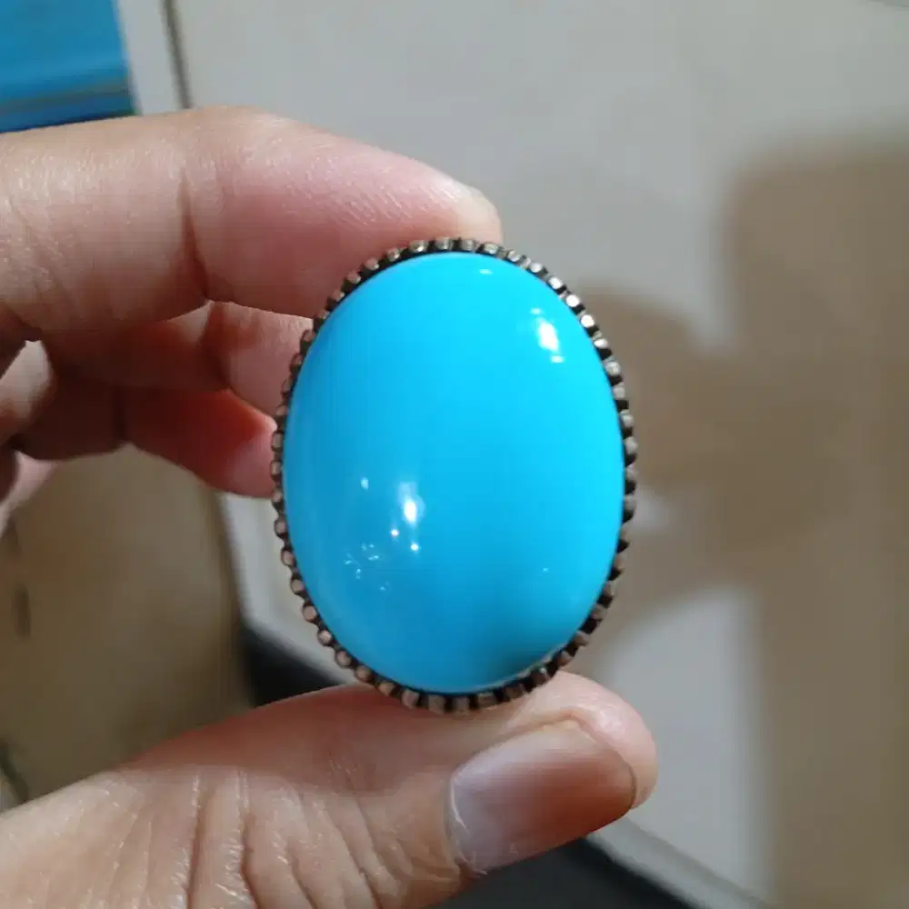 Batu Pirus Persia Natural Blue Turquoise Tanpa Urat ring Perak Handmad