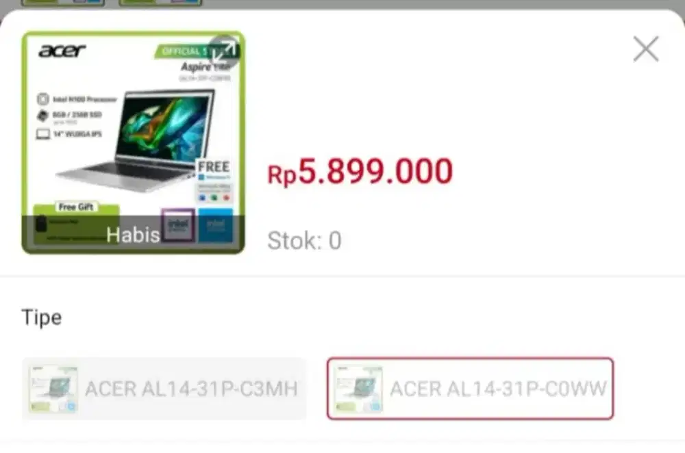 Acer AL14-31P-C0WW 14 WUXGA INTEL N100 RAM 8GB/256GB SSD .WINDOWS 11