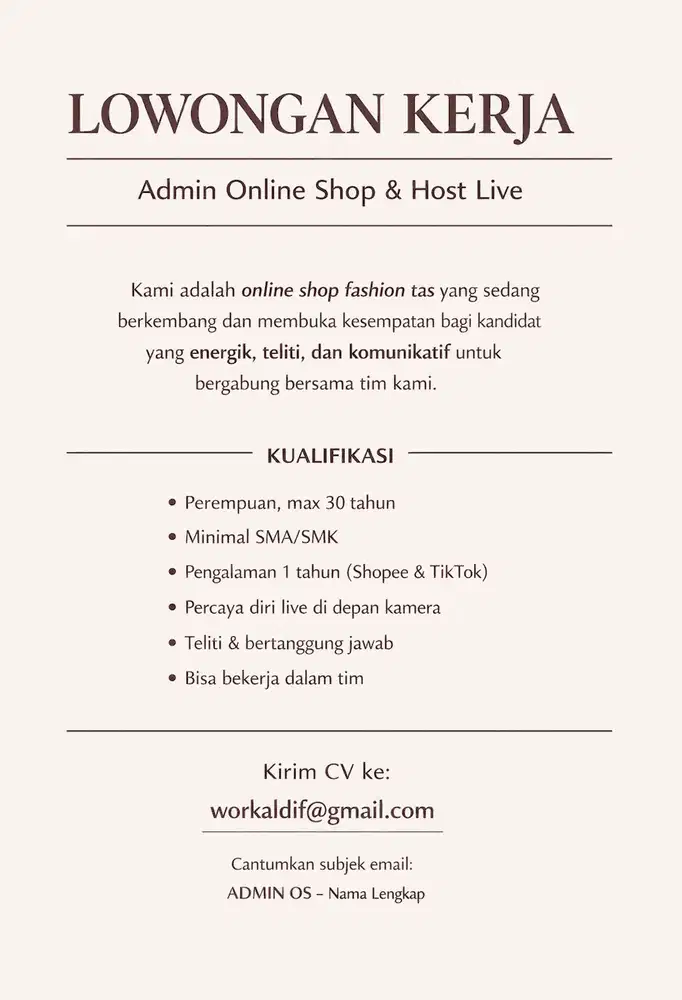Admin Online Shop & Host Live (Wanita)