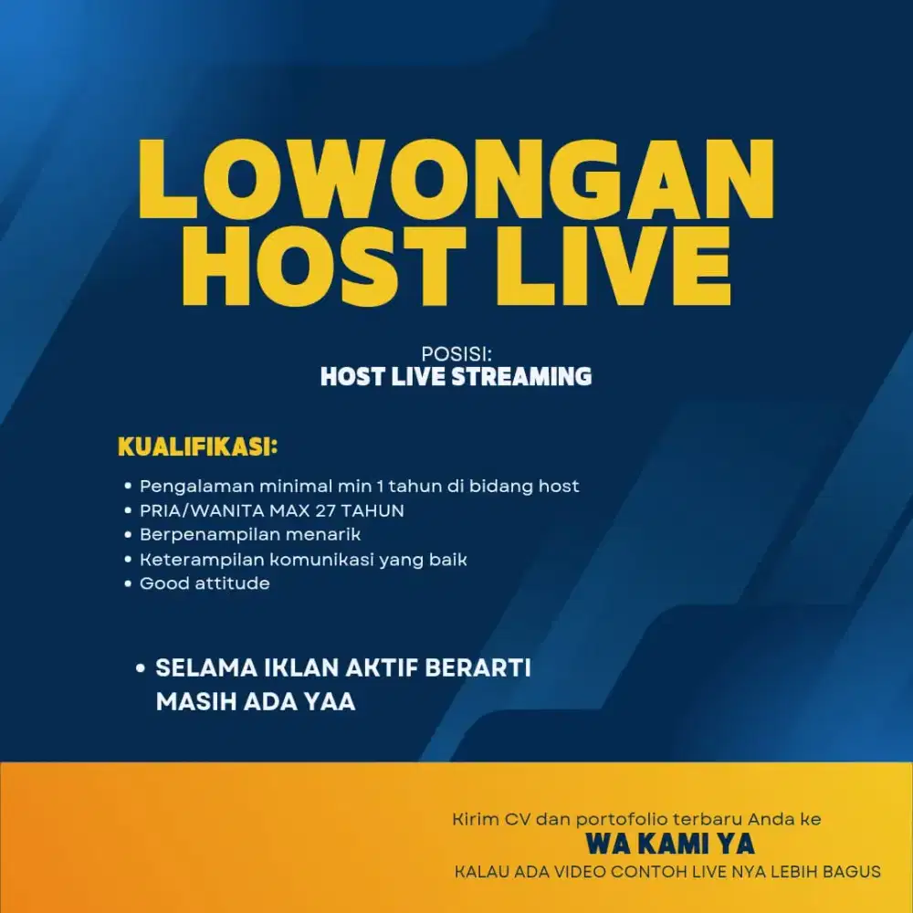 DI CARI LIVE STREAMING LOWONGAN PEKERJAAN HOST STREAMING PRIA WANITA