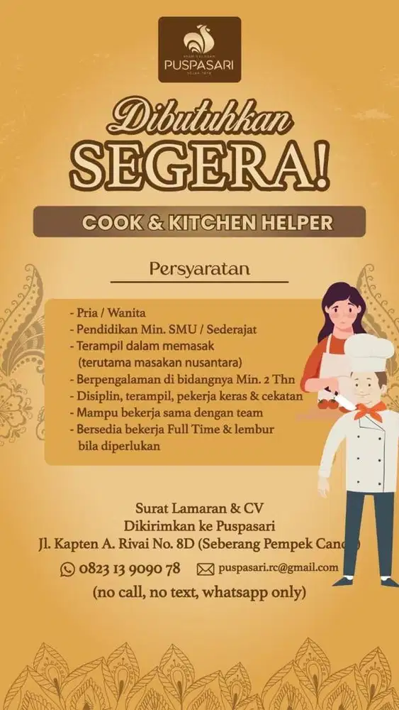 DIBUTUHKAN SEGERA JURU MASAK & KITCHEN HELPER