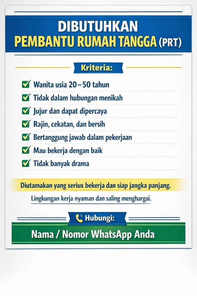 Di cari pembantu rumah tangga