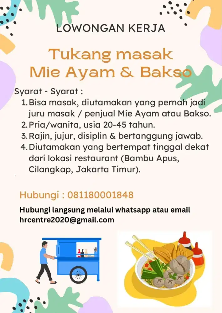 Diperlukan Segera Tukang Masak (Tidak Perlu Ijazah)