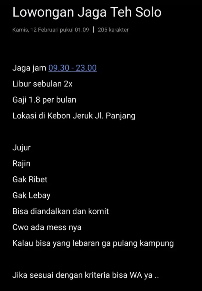 Lowongan Jaga Teh Solo